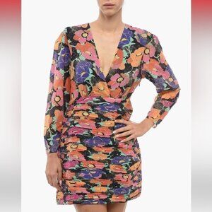 RIXO FLORALPRINTED EMPIRE MINI DRESS WITH GLITTER M